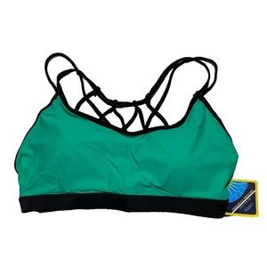 Fabletics Open Back Strappy Dash Bikini Top Swimsuit Womans large Teal black NWT